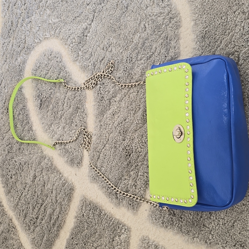 Colorblock florescent green and blue chain bag